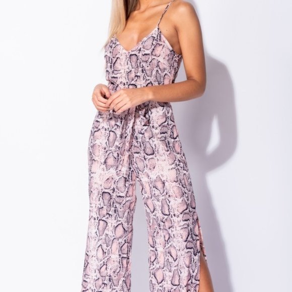 Zia Pink Belted Snake Print Jumpsuit - Picture 2 of 8